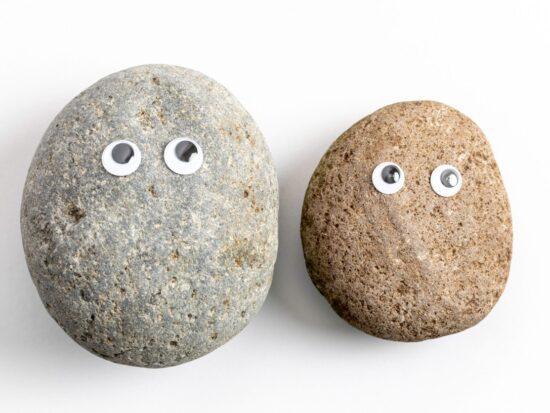 Two round rocks with googly eyes attached, placed side by side on a white background, resembling playful cartoon faces.