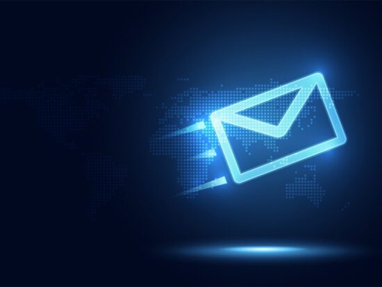 A glowing blue envelope icon with motion lines appears over a digital world map on a dark background, symbolizing fast global email or digital communication.